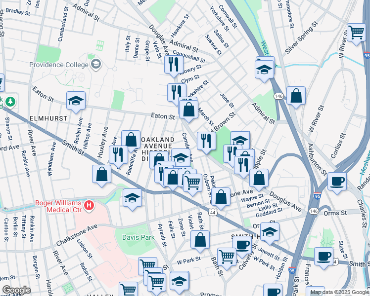 map of restaurants, bars, coffee shops, grocery stores, and more near 162 Camden Avenue in Providence