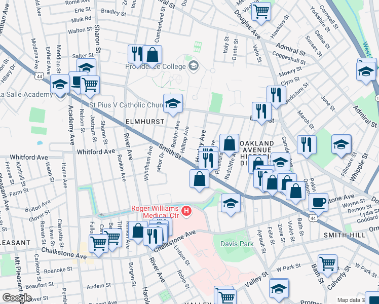 map of restaurants, bars, coffee shops, grocery stores, and more near 50 Huxley Avenue in Providence