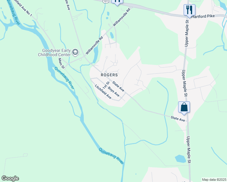 map of restaurants, bars, coffee shops, grocery stores, and more near 131 State Avenue in Killingly