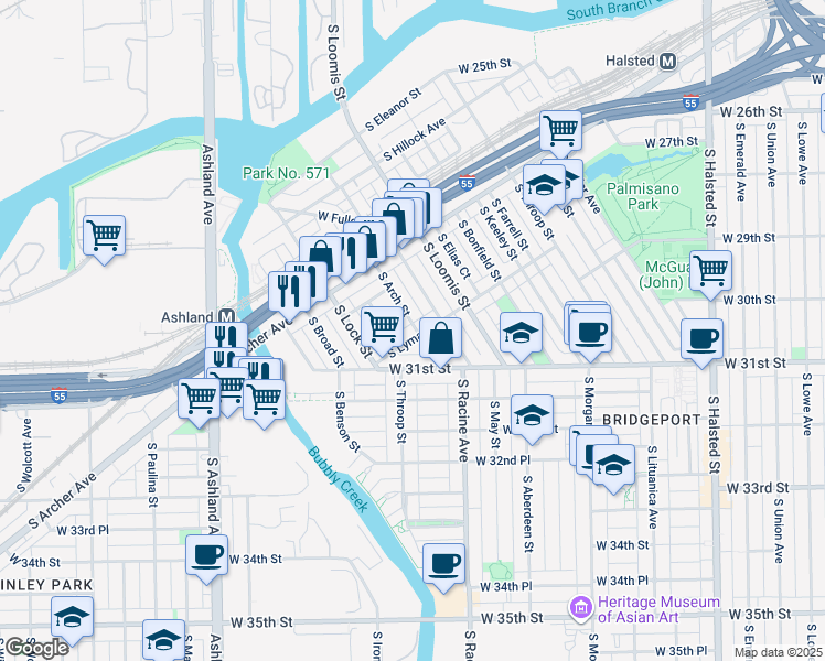 map of restaurants, bars, coffee shops, grocery stores, and more near 2950 South Arch Street in Chicago