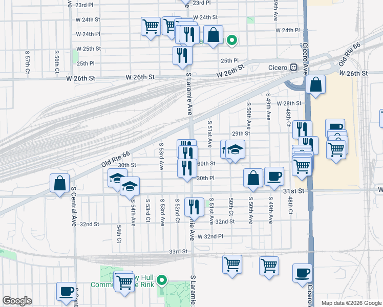 map of restaurants, bars, coffee shops, grocery stores, and more near 5116 West 29th Place in Cicero