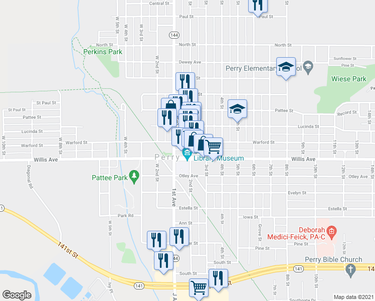 map of restaurants, bars, coffee shops, grocery stores, and more near 1201 Warford Street in Perry