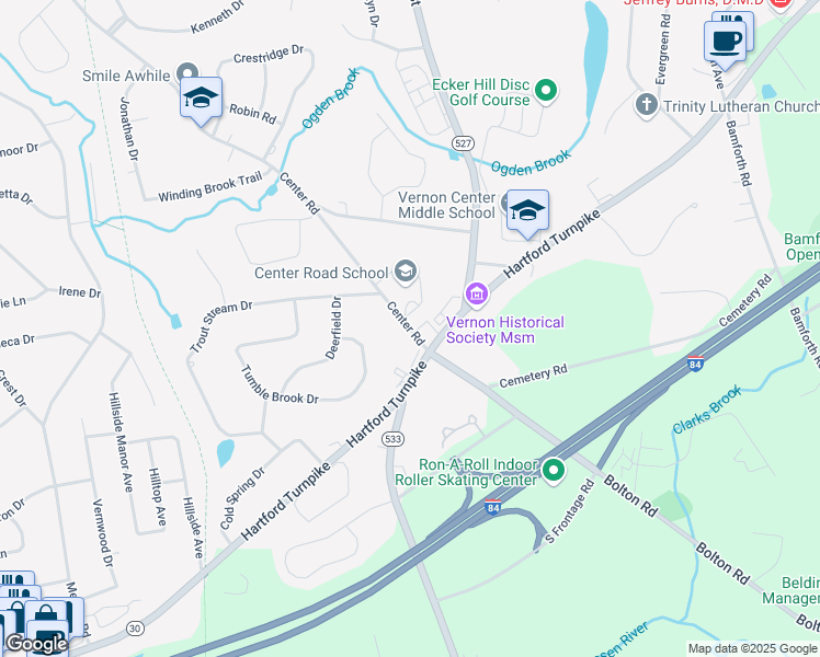 map of restaurants, bars, coffee shops, grocery stores, and more near 20 Center Road in Vernon
