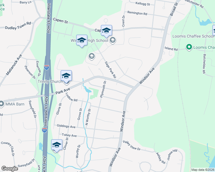 map of restaurants, bars, coffee shops, grocery stores, and more near 75 Park Avenue in Windsor