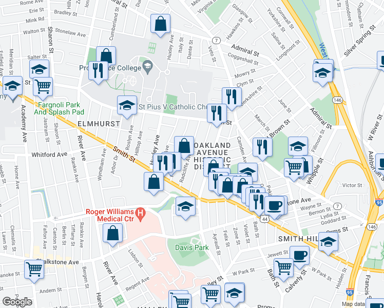 map of restaurants, bars, coffee shops, grocery stores, and more near 81 Radcliffe Avenue in Providence