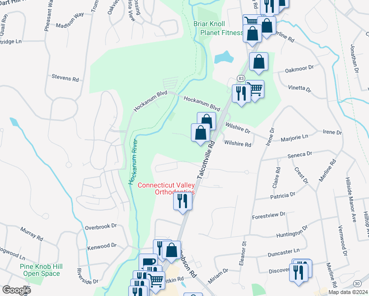 map of restaurants, bars, coffee shops, grocery stores, and more near 27 Naek Road in Vernon