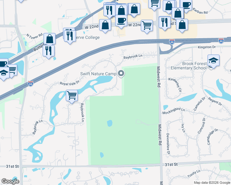 map of restaurants, bars, coffee shops, grocery stores, and more near 7 Baybrook Court in Oak Brook