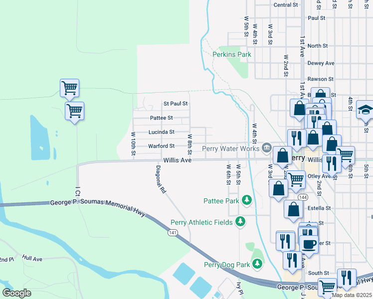 map of restaurants, bars, coffee shops, grocery stores, and more near 1115 West 8th Street in Perry