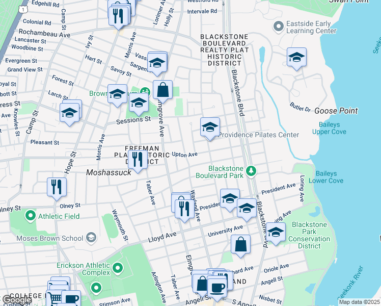 map of restaurants, bars, coffee shops, grocery stores, and more near 15 Alton Road in Providence