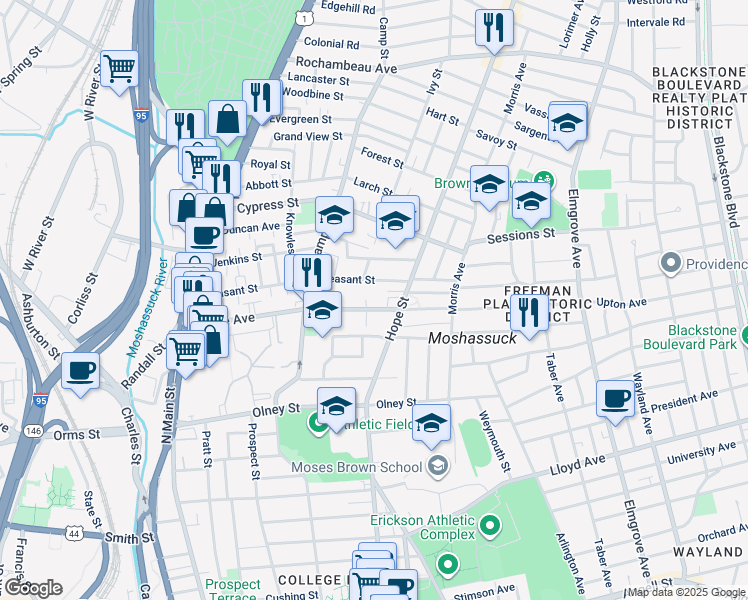 map of restaurants, bars, coffee shops, grocery stores, and more near 211 Pleasant Street in Providence