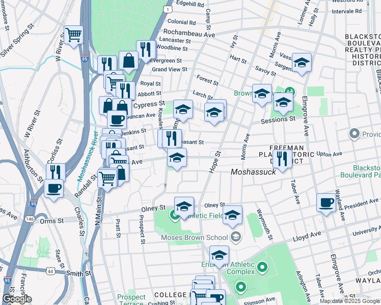 map of restaurants, bars, coffee shops, grocery stores, and more near 167 Pleasant Street in Providence
