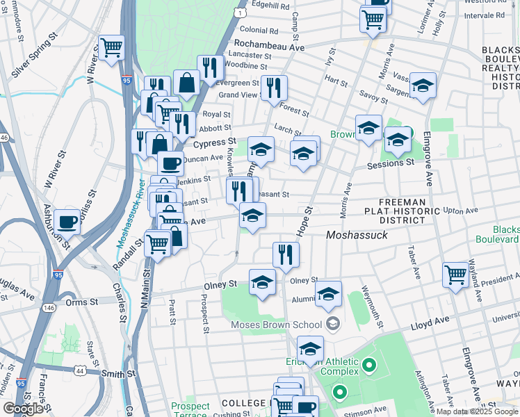 map of restaurants, bars, coffee shops, grocery stores, and more near 171 Pleasant Street in Providence