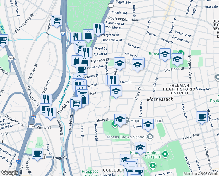 map of restaurants, bars, coffee shops, grocery stores, and more near 127 Pleasant Street in Providence