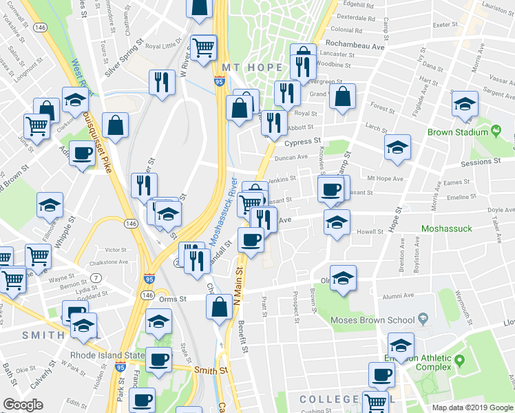 map of restaurants, bars, coffee shops, grocery stores, and more near 691 North Main Street in Providence