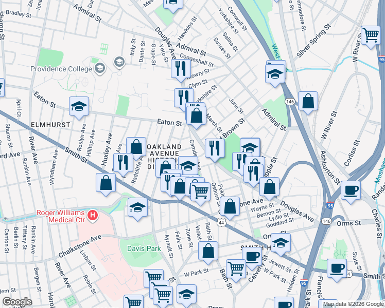 map of restaurants, bars, coffee shops, grocery stores, and more near 162 Camden Avenue in Providence
