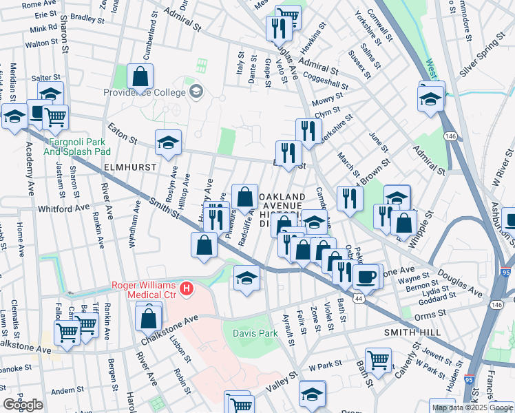 map of restaurants, bars, coffee shops, grocery stores, and more near 90 Radcliffe Avenue in Providence