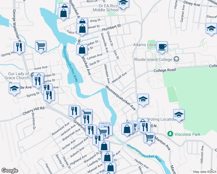 map of restaurants, bars, coffee shops, grocery stores, and more near 145 Woonasquatucket Avenue in North Providence