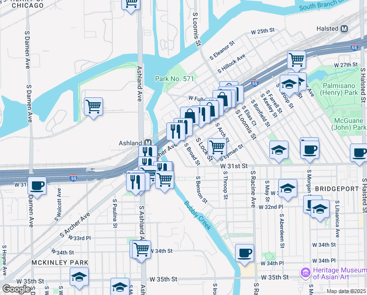 map of restaurants, bars, coffee shops, grocery stores, and more near 3013 South Archer Avenue in Chicago