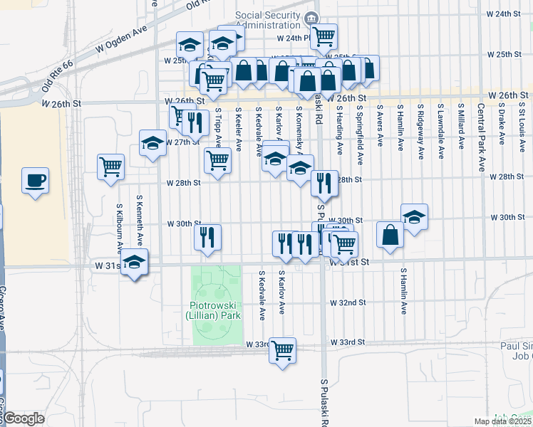 map of restaurants, bars, coffee shops, grocery stores, and more near 2835 South Kedvale Avenue in Chicago