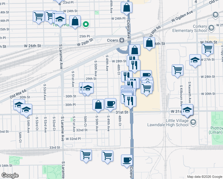 map of restaurants, bars, coffee shops, grocery stores, and more near 2919 South 49th Avenue in Cicero