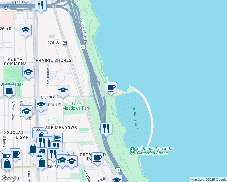 map of restaurants, bars, coffee shops, grocery stores, and more near 31st Street in Chicago