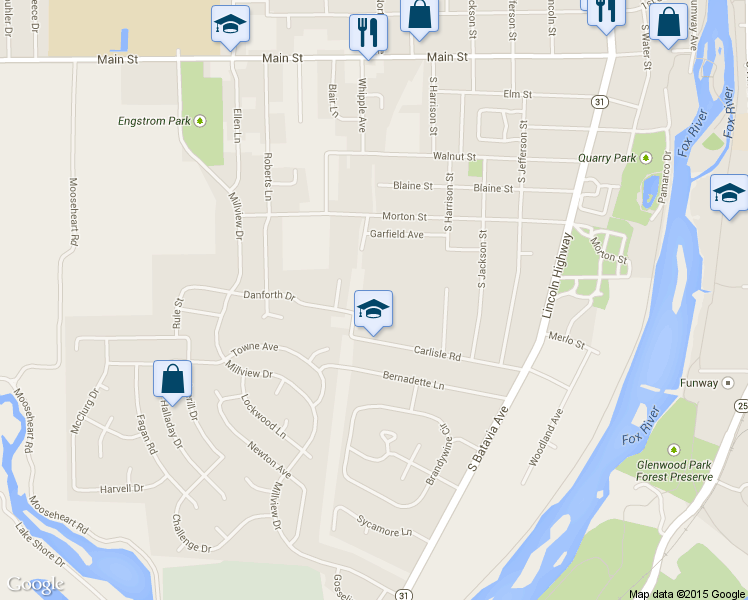 map of restaurants, bars, coffee shops, grocery stores, and more near 905 Carlisle Road in Batavia