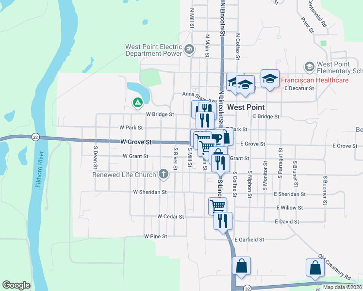 map of restaurants, bars, coffee shops, grocery stores, and more near 236 Grove Street in West Point