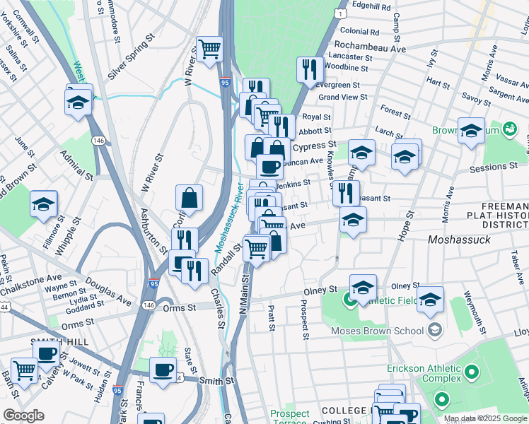 map of restaurants, bars, coffee shops, grocery stores, and more near 1 Pleasant Street in Providence