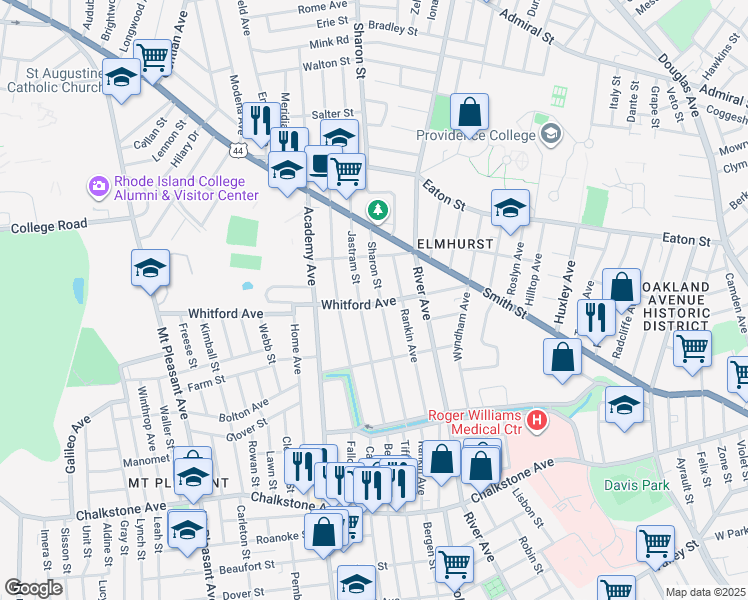map of restaurants, bars, coffee shops, grocery stores, and more near 145 Sharon Street in Providence