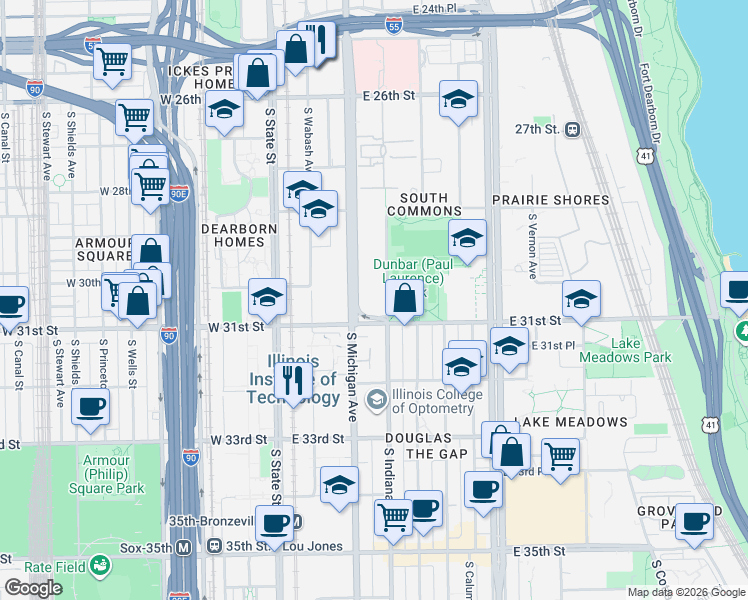 map of restaurants, bars, coffee shops, grocery stores, and more near 3021 South Michigan Avenue in Chicago