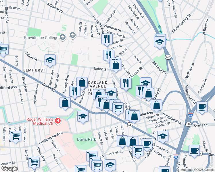 map of restaurants, bars, coffee shops, grocery stores, and more near 33 Dome Street in Providence