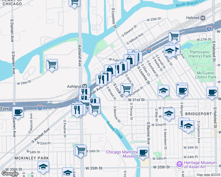 map of restaurants, bars, coffee shops, grocery stores, and more near 3013 South Archer Avenue in Chicago