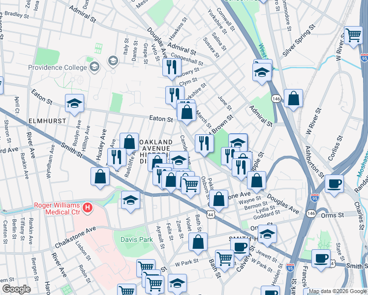 map of restaurants, bars, coffee shops, grocery stores, and more near 162 Camden Avenue in Providence