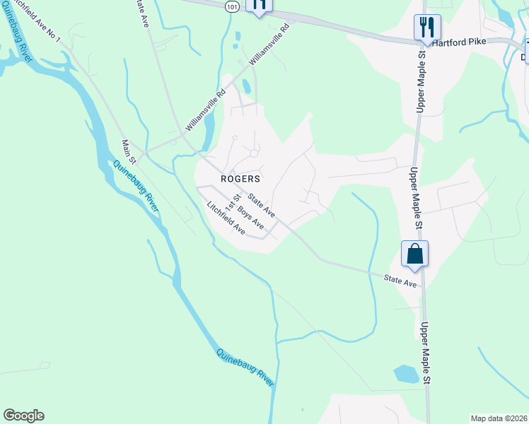 map of restaurants, bars, coffee shops, grocery stores, and more near 131 State Avenue in Killingly
