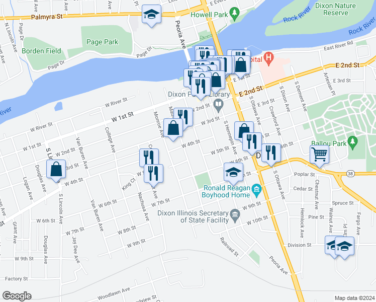map of restaurants, bars, coffee shops, grocery stores, and more near 410 Madison Avenue in Dixon