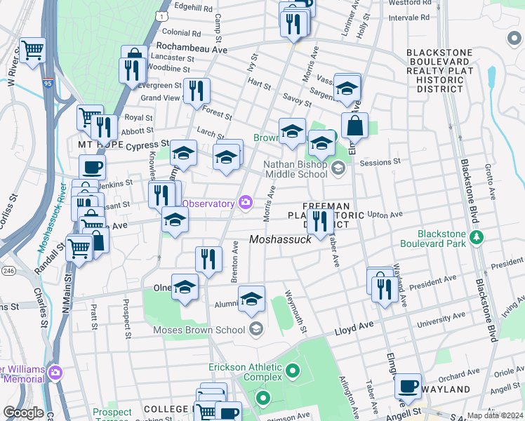 map of restaurants, bars, coffee shops, grocery stores, and more near 25 Phillips Street in Providence