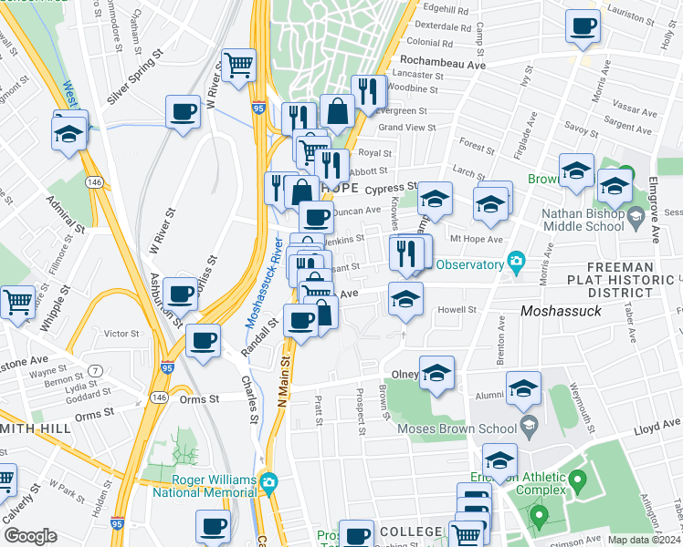 map of restaurants, bars, coffee shops, grocery stores, and more near 44 Pleasant Street in Providence