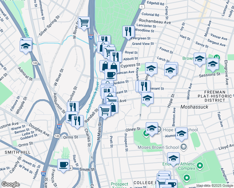 map of restaurants, bars, coffee shops, grocery stores, and more near 44 Pleasant Street in Providence