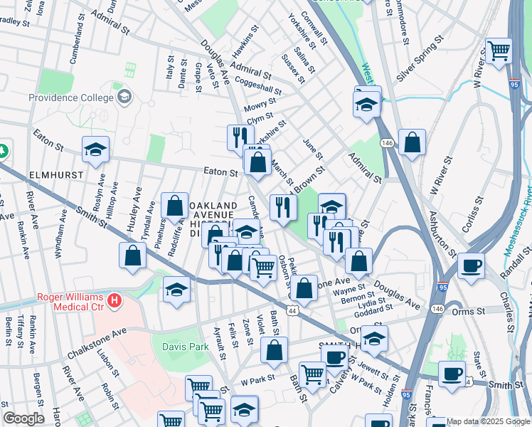 map of restaurants, bars, coffee shops, grocery stores, and more near 319 Douglas Avenue in Providence
