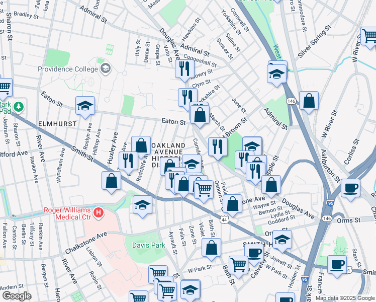 map of restaurants, bars, coffee shops, grocery stores, and more near 162 Camden Avenue in Providence