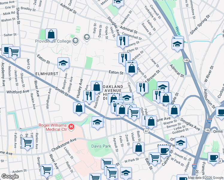 map of restaurants, bars, coffee shops, grocery stores, and more near 107 Pembroke Avenue in Providence