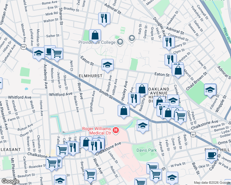 map of restaurants, bars, coffee shops, grocery stores, and more near 26 Hilltop Avenue in Providence