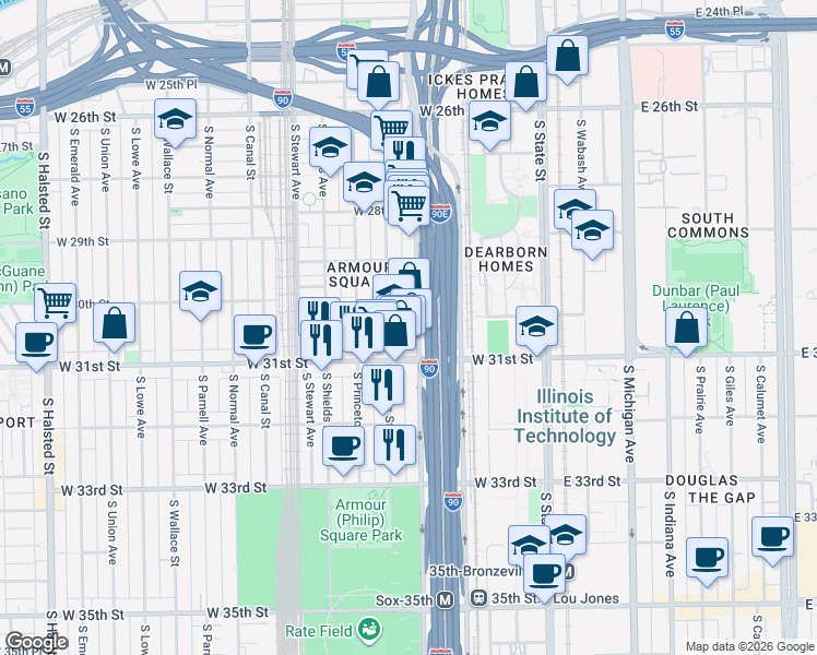 map of restaurants, bars, coffee shops, grocery stores, and more near 2714 South Wentworth Avenue in Chicago