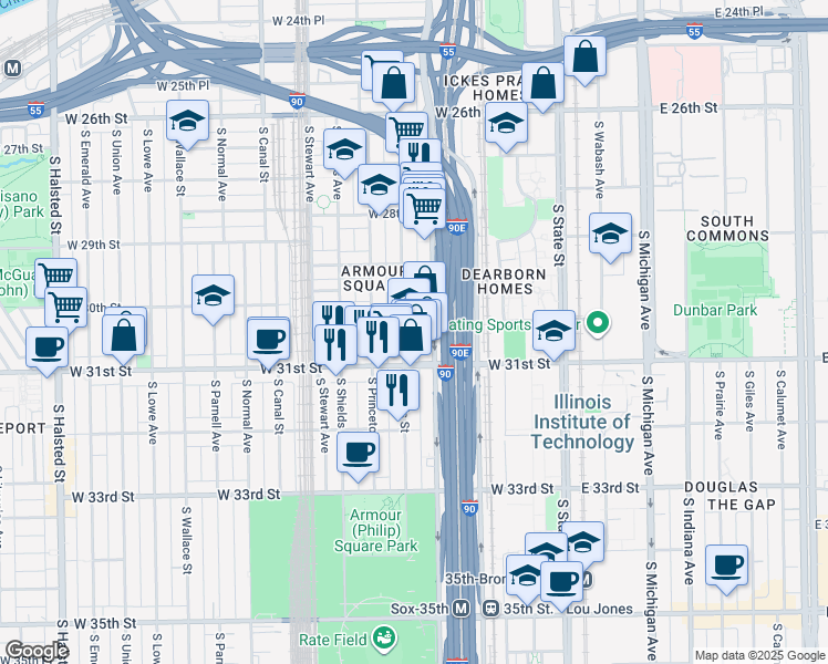 map of restaurants, bars, coffee shops, grocery stores, and more near 3002 South Wells Street in Chicago