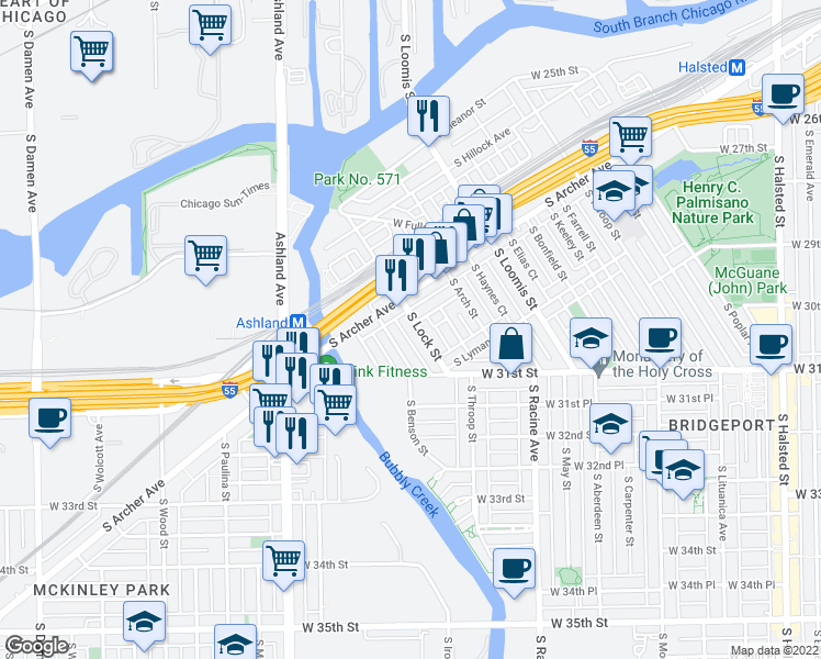 map of restaurants, bars, coffee shops, grocery stores, and more near 3013 South Archer Avenue in Chicago