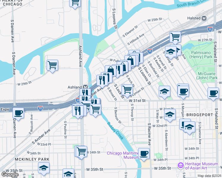 map of restaurants, bars, coffee shops, grocery stores, and more near 3013 South Archer Avenue in Chicago