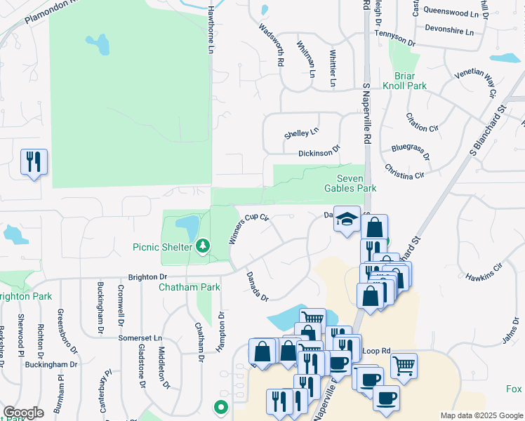 map of restaurants, bars, coffee shops, grocery stores, and more near 37 Winners Cup Circle in Wheaton