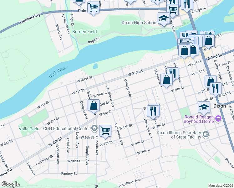 map of restaurants, bars, coffee shops, grocery stores, and more near 1100 West 2nd Street in Dixon
