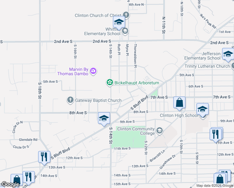 map of restaurants, bars, coffee shops, grocery stores, and more near 400-428 Ruth Pl in Clinton