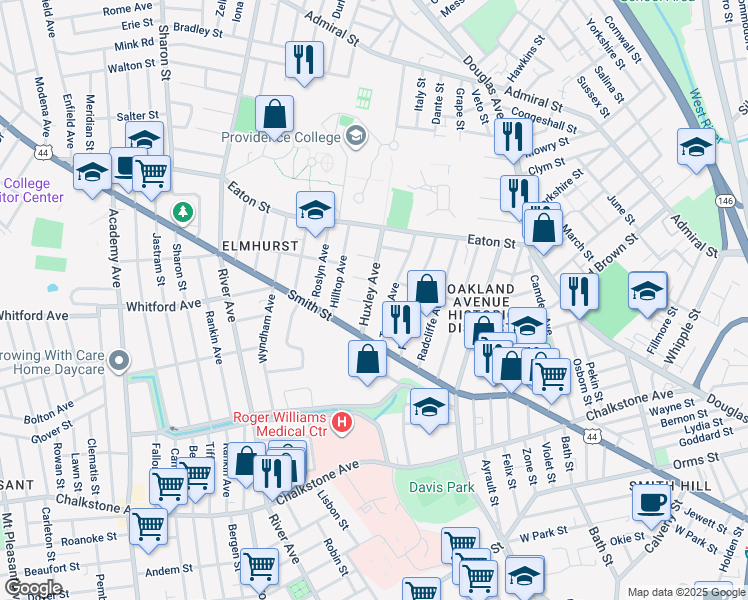 map of restaurants, bars, coffee shops, grocery stores, and more near 43 Huxley Avenue in Providence